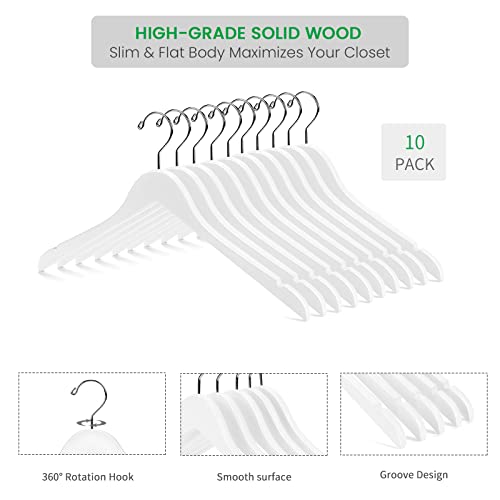 Nature Smile Wooden Coat Hangers Wood Shirt Dress Jacket Clothes Hangers with Extra Smooth Finish, 360 Degree Swivel Hook(10pcs White)