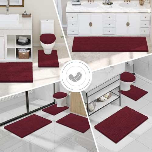 Image of Smiry Bathroom Rugs Sets 2 Piece, Soft Absorbent Chenille Machine Washable Non Slip Shaggy Bath Rug Set for Tub, Shower, and Floor (36x24+24x16, Burgundy)