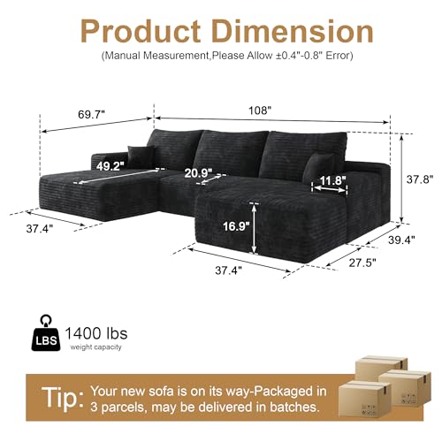 Image of 96 inch Sectional Couches for Living Room Cloud Couch Sofa with L-Shape Upholstered Boneless Couchs Modern Modular Sectional Couch with Chaise