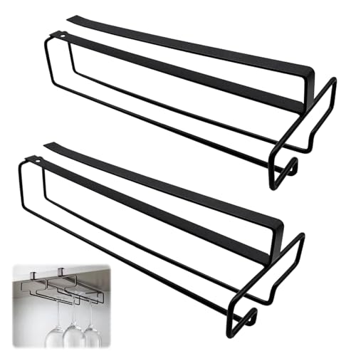 MEIYAXINWIN Lot de 2 supports suspendus pour verres à vin en métal sous l'armoire, support de verre pour cuisine, bar, restaurant (noir)