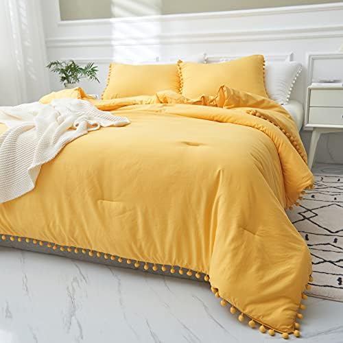 AIKASY Yellow Fringe Queen Comforter Set - 3 Pieces, Extra Soft Washed Microfiber Bohemian Boho Chic Bed Comforter with Shams, All-Season Reversible (1 Comforter+2 Pom Pom Pillow Shams,Queen)