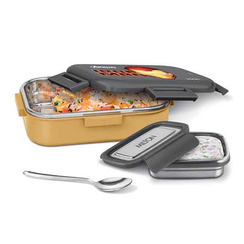 Image of MILTON Marvel Hugo Inner Steel Tiffin Box for School with Stainless Steel Container | PU Insulated, Food Grade Lunch Box with Snap Lock Lid for Kids, 700 ml, Black (Iron Man Print)