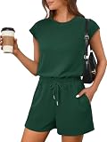 ANRABESS Rompers for Women Summer 2026 Casual Cap Sleeve Crewneck Drawstring One Piece Jumpsuit Outfits with Pockets Deep Green Large