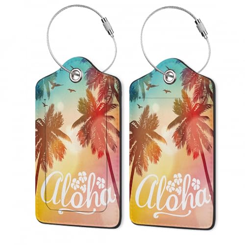 2Pcs Luggage Tag for Suitcase Tropical Summer Palm Cute Suitcase Tag with Privacy Flap & Name ID Label & Metal Loop,Travel Bag Luggage Tags for Women