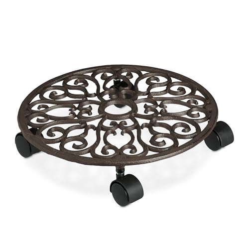 Relaxdays Sottovaso con Ruote, Carrello Portavasi Rotondo, Ghisa, sotto Vaso, Interni e Esterni HxD 7,5x33,5 cm, Marrone