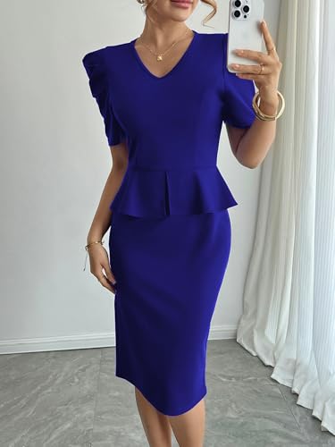 Image of Mokayee Womens Summer Puff Sleeve V Neck Peplum Church Business Work Pencil Dresses