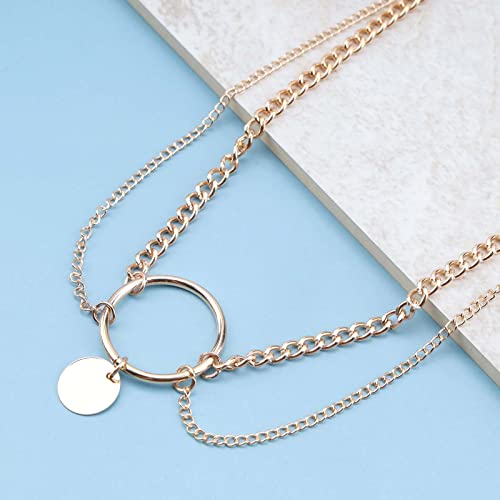 TseenYi Offener Kreis Anhänger Choker Halskette - Geschichtet Scheiben Punk Großer Kreis Gold Klobige Kette Schmuck Für Frauen Und Mädchen