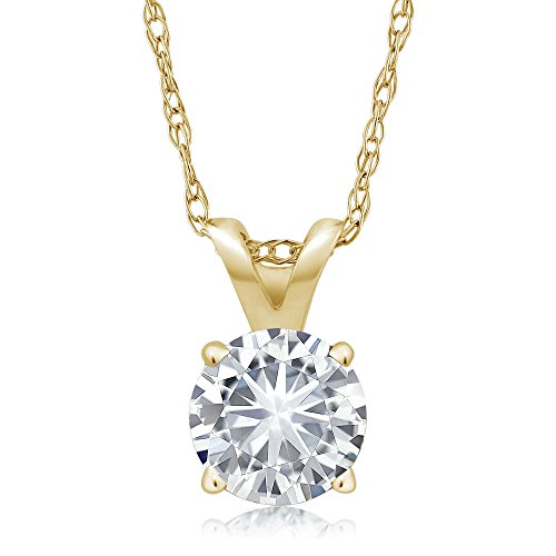Gem Stone King 14K Yellow Gold White Moissanite Solitaire Pendant Necklace For Women (0.27 Cttw Round 4.5MM, with 18 inch Chain)