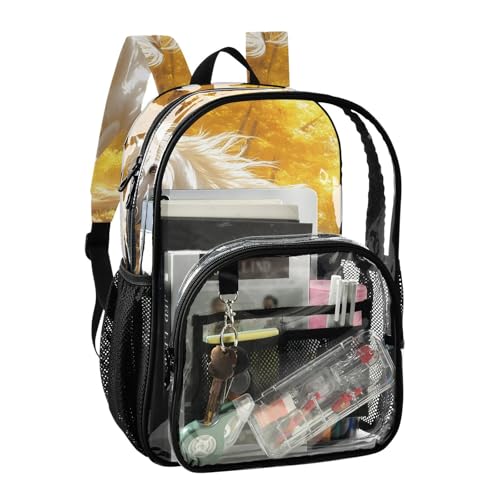 Kids PVC Clear Backpack White Horse Yellow Forest Heavy Duty Multi-pockets Large Capacity Transparent See Through Bookbag for School Travel Sport Work2