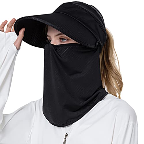 Máscara facial feminina de aba larga chapéu de sol destacável com aba de rabo de cavalo proteção UV