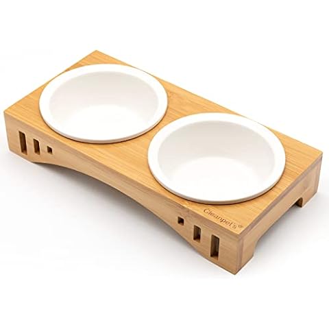 Cleanpet's Futterstation für Hunde, Hundennapf erhöht, Futternapf, Fressnapf aus Keramik Bambus Holz Cover