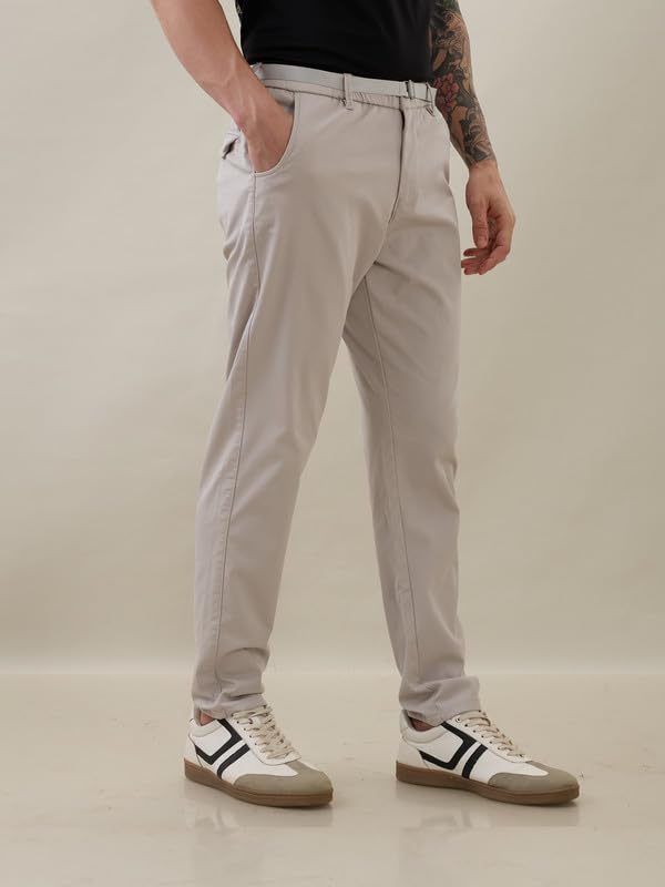 Image of Nostrum Men's Smart-Casual Tapered Trousers for Men, Charcoal, Cotton Corduroy, Mid Rise, Regular Slim Fit with Adjustable Belt, Side and Back Pockets, Casual Wea