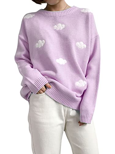 Eteviolet Womens Y2K Sweater Kawaii Vintage Long Sleeve Knit Oversized Pullover Jumper Cute Clound Sweaters Purple Large #TOP11