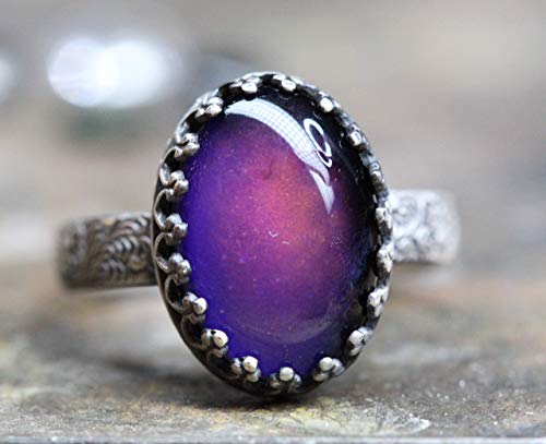 Mood Ring PEACOCK PATTERN OVAL in Solid Sterling Silver plus Glass Mood Cab Floral Band Cocktail 14x10mm Ring