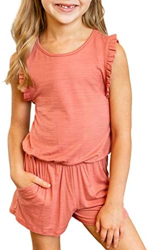 Dokotoo Girls Summer Cute Romper Ruffle Sleeve Crew Neck Solid Stretchy Elastic Waist Shorts Jumpsuit with Side Pockets Size 6-7 Red