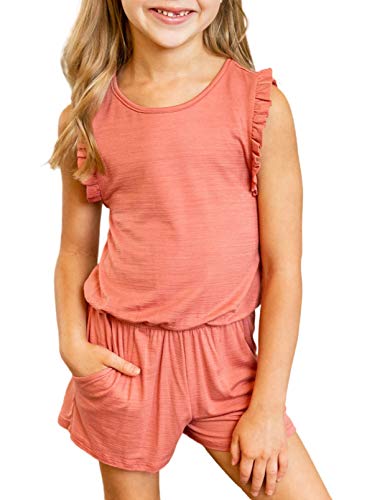 Dokotoo Girls Summer Cute Romper Ruffle Sleeve Crew Neck Solid Stretchy Elastic Waist Shorts Jumpsuit With Side Pockets Size 6-7 Red #TOP6