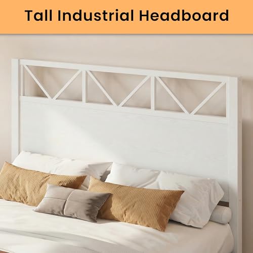 Image of LIKIMIO Queen Bed Frame, Tall Modern Headboard 51.2 inch, Platform Bed Frame with Strong Metal Support, Solid and Stable, Noise Free, No Box Spring Needed, Easy Assembly, White