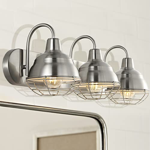 Image of JONATHAN Y Levi 3-Light Vanity 24.5 inch Industrial Metal, Nickel | Farmhouse Rustic Wall Sconce, Caged Bell Shade, Dimmable, Hardwired, UL Listed, LED Bulbs Included