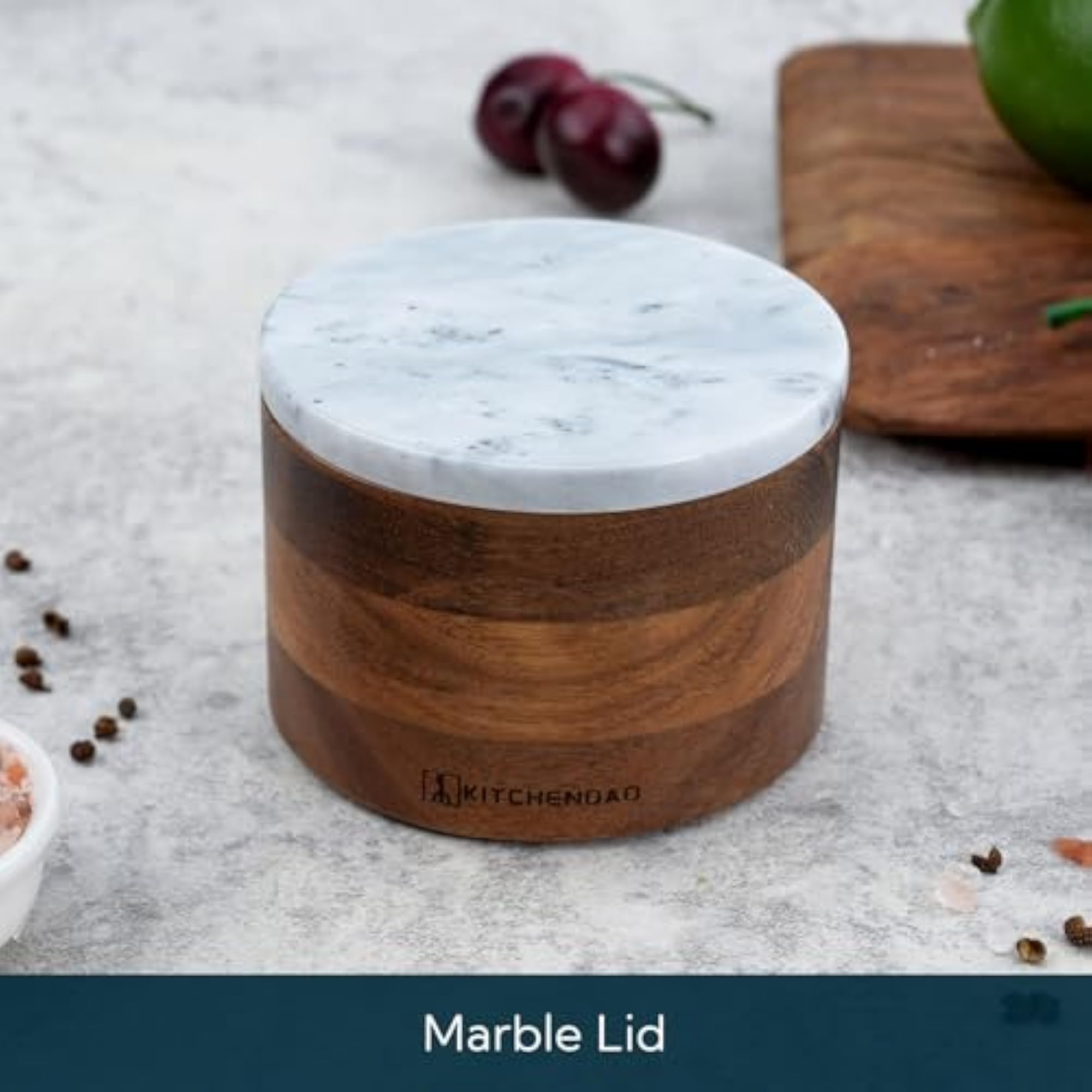 Acacia Salt Cellar Box with Built-in Spoon and Marble Lid