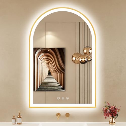 Image of 24 inchx36 inch Arched LED Mirror for Bathroom, Brushed Gold Lighted Bathroom Mirror with Lights, Fogless, Dimmable, Shatterproof, Touch Sensor, 3 Color Changing