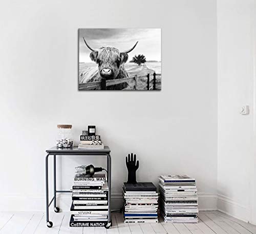 Highland Cow Canvas Black And White Landscape Pasture Hairy Cow Animal Wall Art Pictures Canvas Wall Art Farmhouse Prints Photo Contemporary Cow Decor Paintings Home Decoration Artwork 12"X16" #TOP5