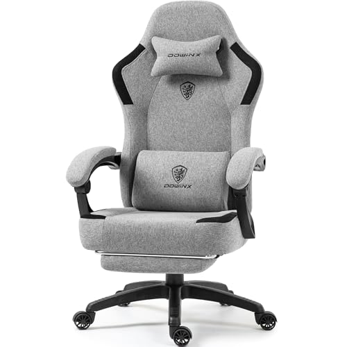 Dowinx Fabric Gaming Chair with Pocket Spring Cushion,Breathable Computer Chair with Massage Lumbar Support and Footrest,High Back Game Office Chair for Adult,Grey