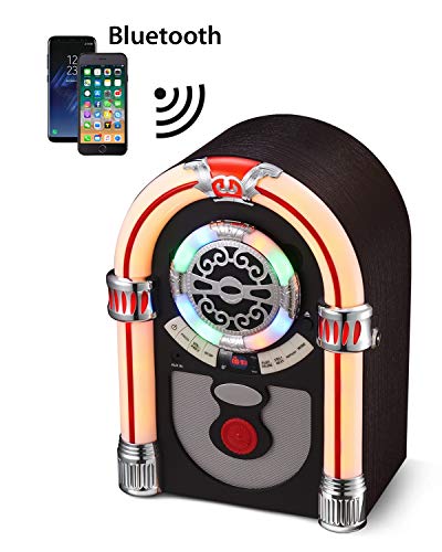 UEME Retro Tabletop Jukebox with CD Player, Bluetooth, FM Radio, AUX-in Port and Color Changing LED Lights