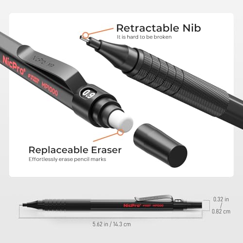 Image of Nicpro 0.9 Metal Mechanical Pencil Set with Case, 3PCS Black MP1000 0.9mm Drafting Pencil, 8 Tubes HB Lead Refills, 3PCS Erasers, Erasers Refills for Artist Writing, Drawing, Sketching