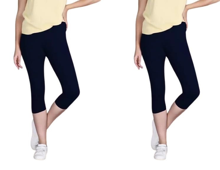 Buddhoo Cotton Capri, Combo Leggings for Girls & Women's | Slim Fit Women Capri Leggings | Breathable Fabric Activewear for Workout & Running | Pack of 2 (Nevy Blue - XL)-image-49