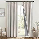 MIULEE Linen Pinch Pleated 100% Blackout Curtains for Bedroom 90 Inch Long 2 Panels Set- Back Tab Track Beige Thermal Insulated Cream Black Out Triple Pleat Room Darkening Drapes with Hooks, Greige