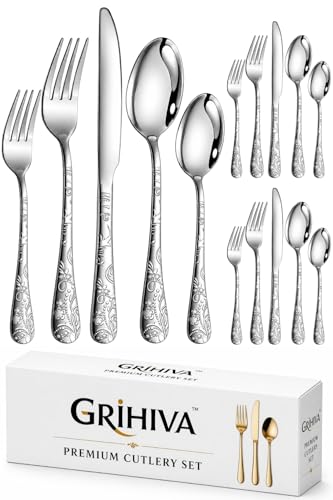 Image of 15 Pcs Silver Floaral Stainless Steel Cutlery Set for Dining Table with Spoons and Forks Set + Butterknives - The Perfect Tableware /Flatware