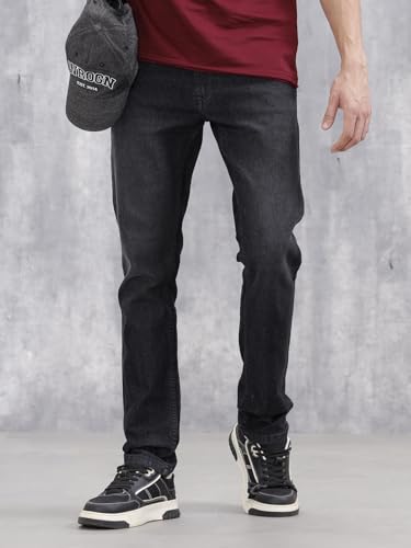 Image of WROGN Men Cotton Blend Jeans | Solid | Mid Rise | Slim Fit