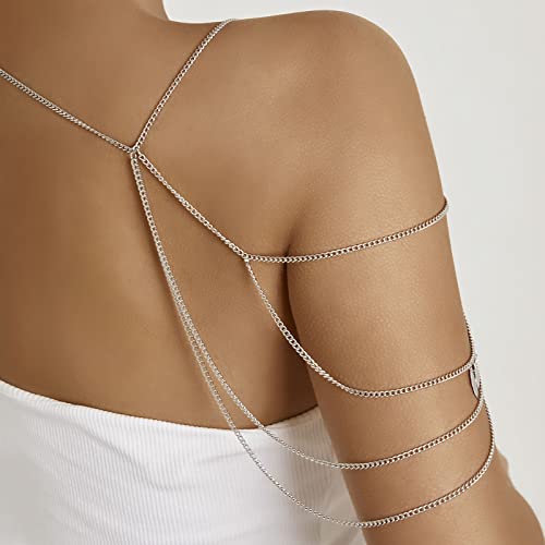 Qisogy Punk Layered Shoulder Chain Necklace Silver Tassel Shoulder Chain Multilayer Leaf Tassel Shoulder Body Chain Summer Bikini Shoulder Chain Beach Link Harness Body Chain Jewelry For Women Andgirl #TOP1