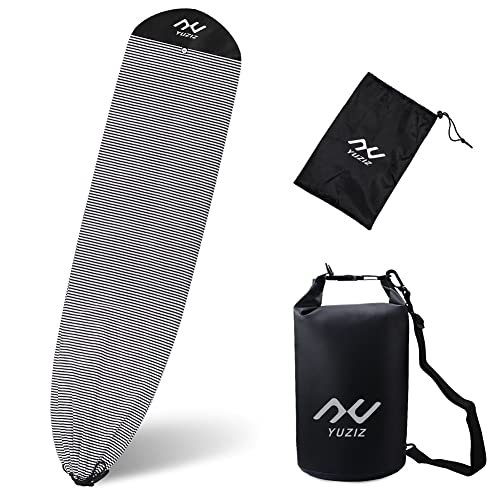 YUZIZ Surfboard Sock 9.6ft Surf Cover with Drawstring Bag & 3L Dry Bag, Surf Sock Bag Protective Case for 9 0 -10 0  Longboard & Shortboard, Floating Waterproof Dry Bag for Surfing, Swimming (Black&Round)