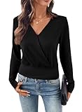 EVALESS Blouses for Women Dressy Casual Cross Wrap V Neck Long Sleeve Tops Shirts Trendy 2026 Black S