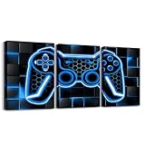 Feelyou Gamer Canvas Wall Art Gaming Bathroom Wall Art for Home Decor 12'x16' 3 Piece for Teens Bedroom Decor Lighting Honeycomb Office Wall Artwork Posters Blue and Black Geometric Wall Painting
