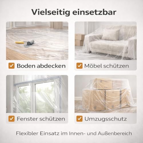 6x Abdeckfolie Maler - extra stark & dick - Malerfolie transparent 4x5 Meter - Malerplane/Abdeckplane - Baufolie optimal für Umzug & Renovierung