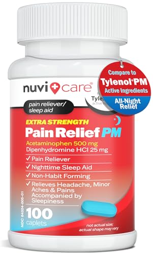 Image of NUVICARE Pain Relief PM, Acetaminophen 500mg & Diphenhydramine 25mg, 100Ct | Compares to Tylenol PM; relieves nighttime aches, pains & headache while helping you fall asleep, extra strength, sleep aid