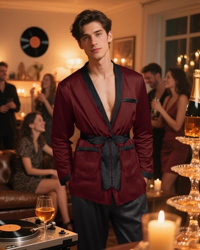 Men's Short Silk Bathrobe Satin Smoking Jacket Lightweight Single Layer Unlined Pajamas Sleepwear4