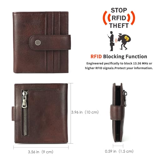 Men's brand buckle genuine leather wallet, Portable mini wallet with multiple card slots for banknotes, Zipper change slot (Coffee)2