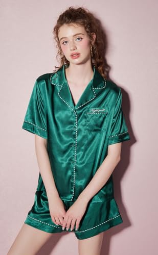 Night Poem Women's Satin Pajama Set, Button Down 2 Piece Silk Pjs with Bias Binding and Eye Mask,Dark Green L — view 3