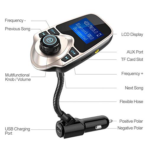 Image of Nulaxy Bluetooth Car FM Transmitter Audio Adapter Receiver Wireless Handsfree Voltmeter Car Kit TF Card AUX 1.44 Display - KM18 Golden
