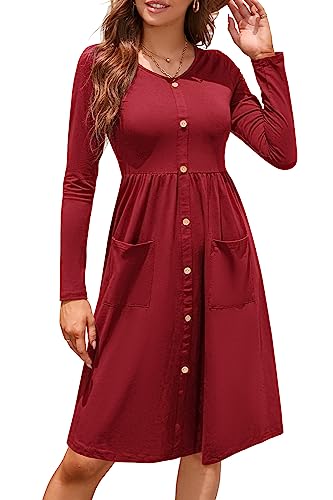 Ouges Womens Fall Long Sleeve Midi Dresses Button Down V Neck Skater Dress With Pockets 2023(Wine,M) #TOP15