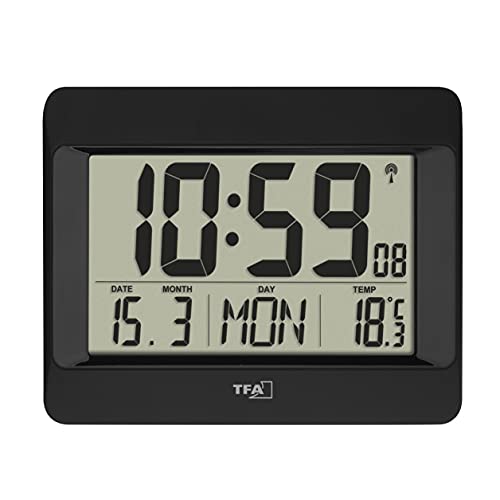TFA Dostmann Wanduhr digital, 60.4519.01, Funkuhr mit Innentemperatur, Wochentag (8 Sprachen), Datum, Küchenuhr, Zeitzoneneinstellung, schwarz, Kunststoff, (L) 215 x (B) 160 x (H) 26 (68) mm
