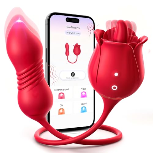 Rose Toy Vibrator Adult Sex Toys MOOLIGIRL App & AI Sync G Spot Thrusting Dildo with 9 Tongue Licking & 9 Thrusting Vibrating Modes Women Sex Toy for Couples Clitoral Stimulator for Anal Nipple