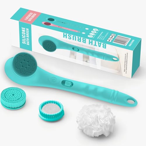 ANTREATU Electric Back Scrubber 1200mAh Silicone Electric Shower Brush with 4 Cleaning Heads Body Scrubber with Long Handle, Waterproof Body Brushes for Shower - Green