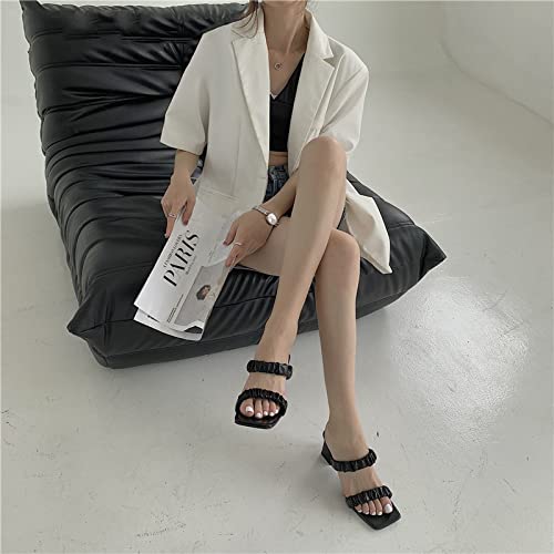 Womens Ruched Slides Sandals Square Open Toe Chunky Block Heeled Double Strap Slip On Backless Summer Shoes #TOP6
