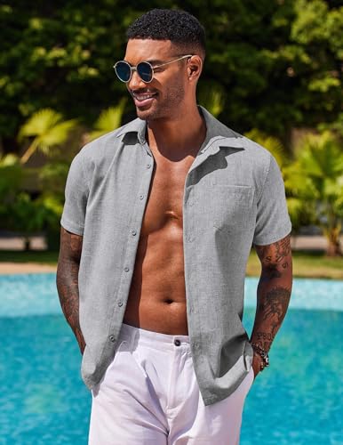 Image of COOFANDY Men's Button Down Shirts Short Sleeve Casual Shirts Summer Beach Linen Shirts with Pocket