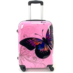 COSHANO Maleta de Cabina Equipaje de Mano Viaje avión rígida 4 Ruedas 360º Medidas 55x35x20cm Viajar Estampado Mariposa (Rosa)