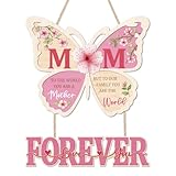 CHDITB Mom Forever Sign Door Hanger(12"x15"), Wooden Butterfly-Shaped Welcome Decoration Wall Hanging, Farmhouse Pink Thanks Mom Grateful Quotes Wreath for Mothers Day Gift Birthday
